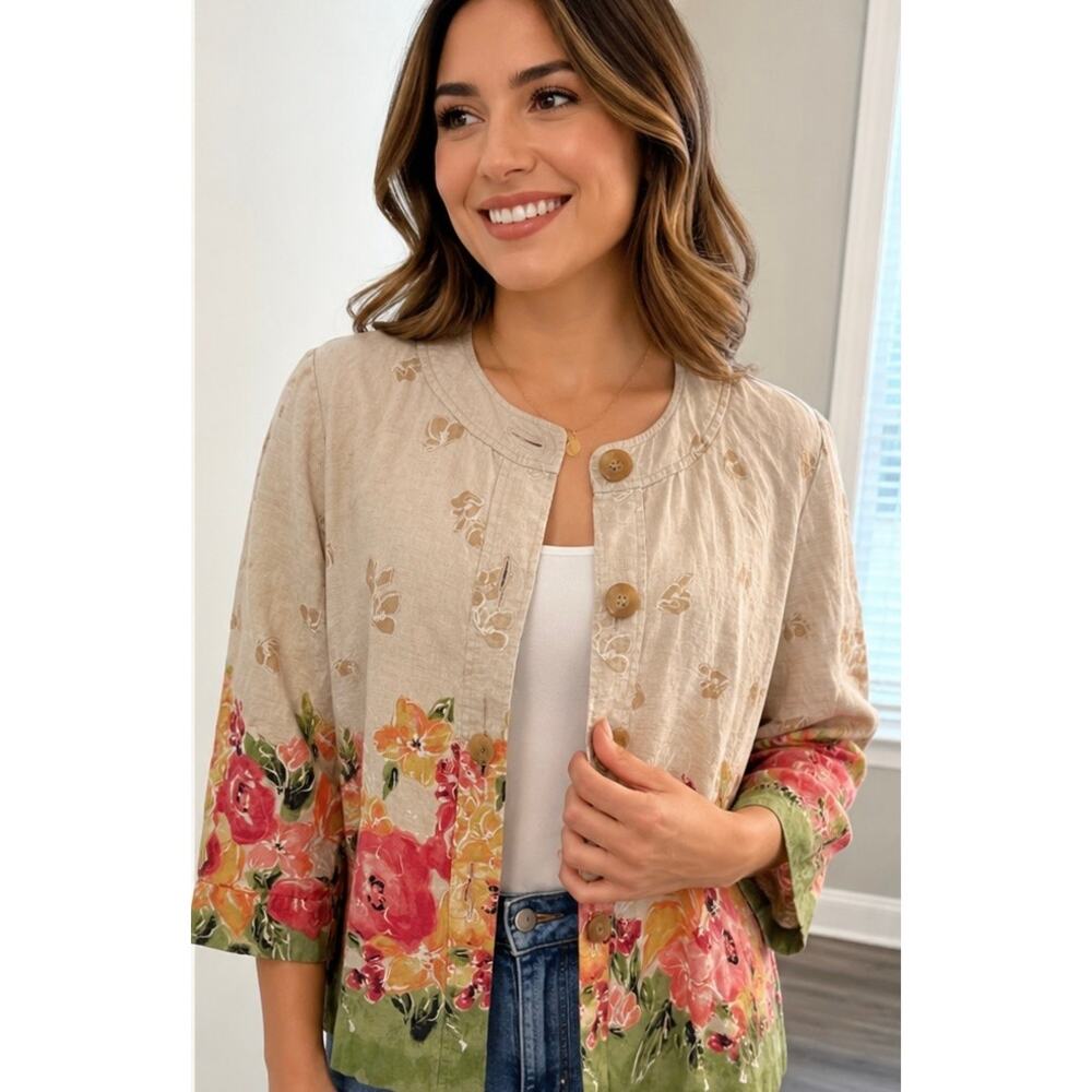 Linen Floral Button Up Jacket Top Women’s 12 Tan Pink Lagenlook Lightweight - Picture 1 of 10